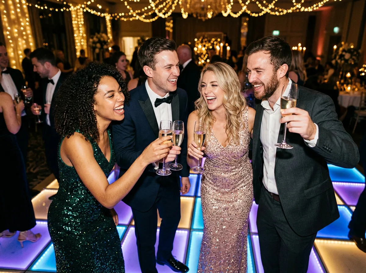 Well-dressed friends raising a champagne toast together on a glowing dance floor