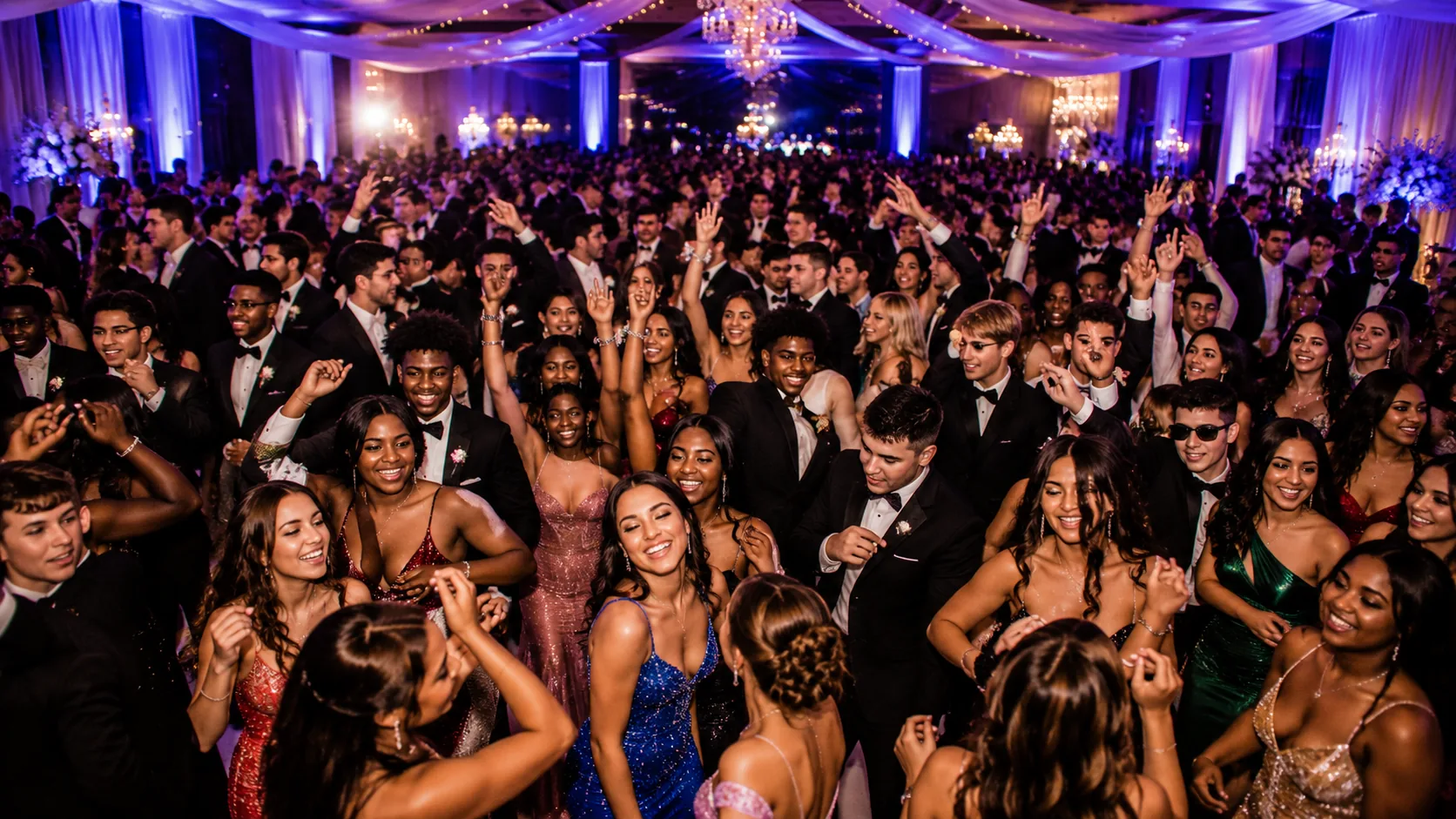 Students dancing under colorful lights at a high school homecoming dance