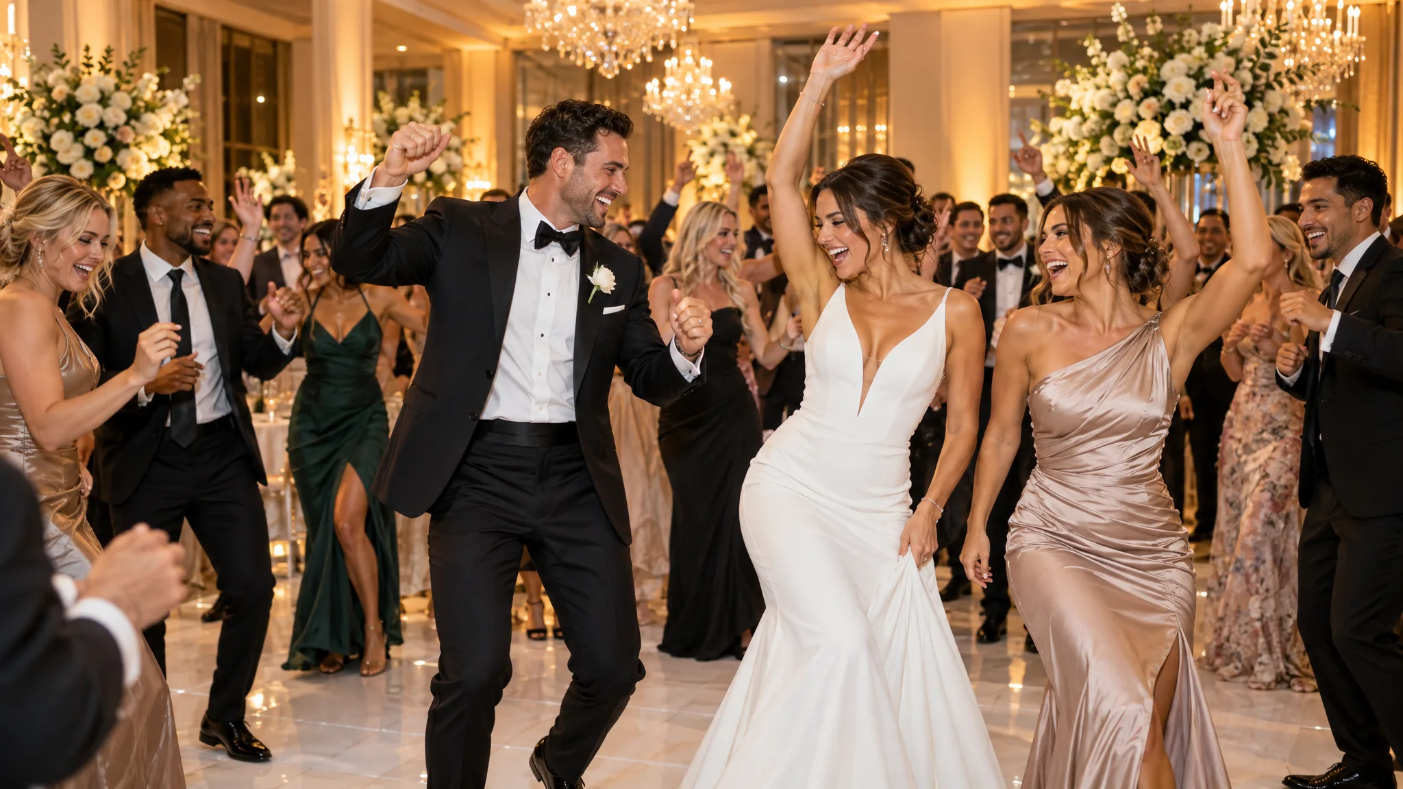 Radiant bride dancing with the groom and elegantly dressed guests in a bright, upscale chandelier ballroom at a Hot Mix Entertainment wedding reception